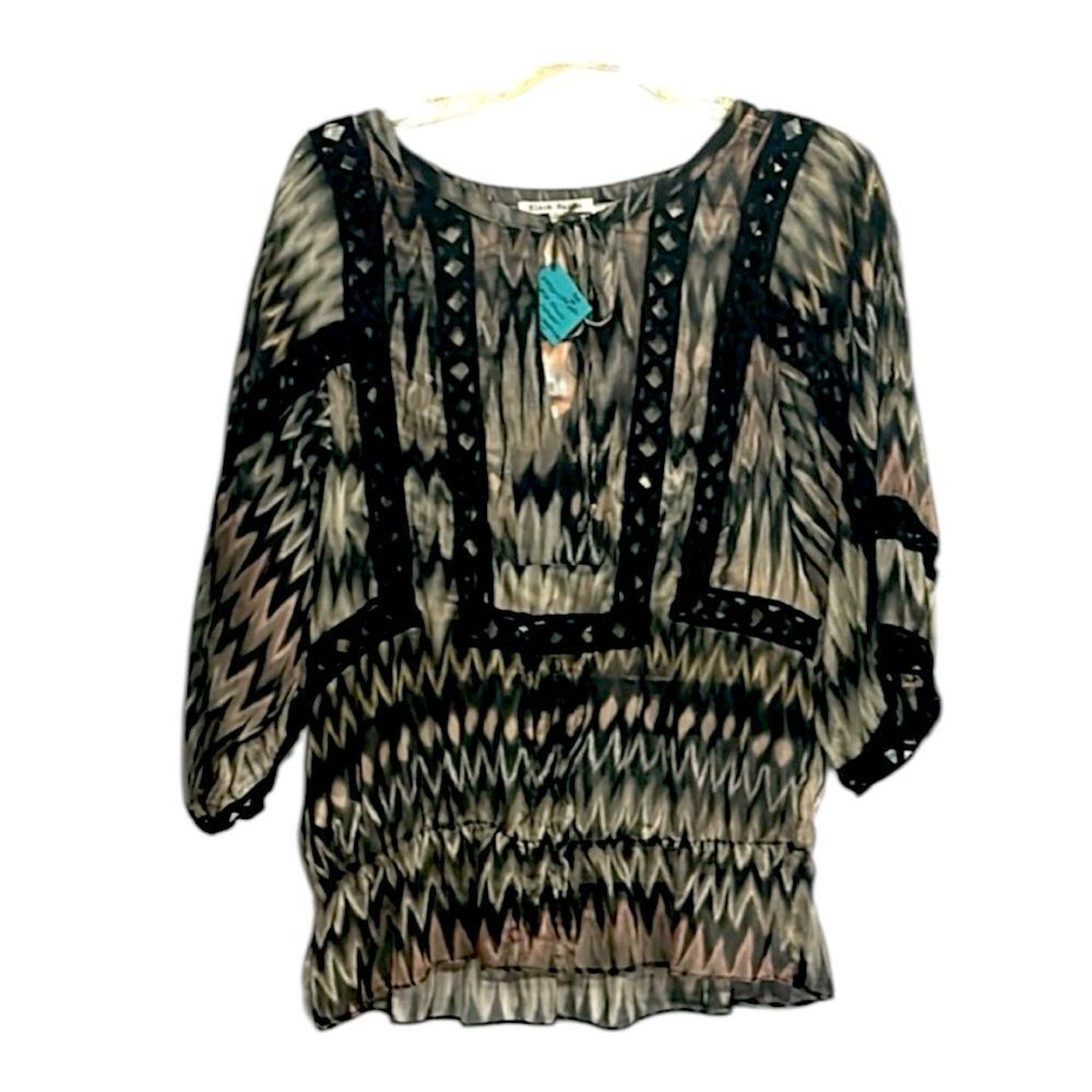 Black Rainn | Women’s Black Cutout Lace Top Boho Flowy Blouse Tie Front Shirt
